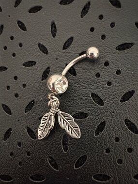 Silver Feather Dangle Belly Button Ring with Clear Gem